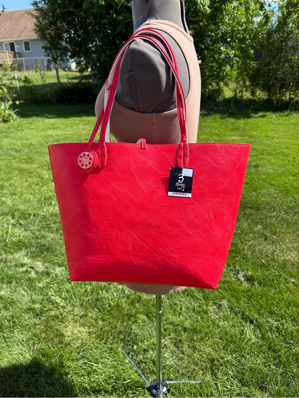 Reversible Coral Red Tote Bag Large Shoulder Purse 3 Bags In 1 NWT